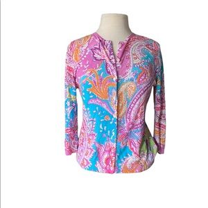 Lauren paisley cardigan, 3/4 sleeves, cotton monogramed buttons, Medium